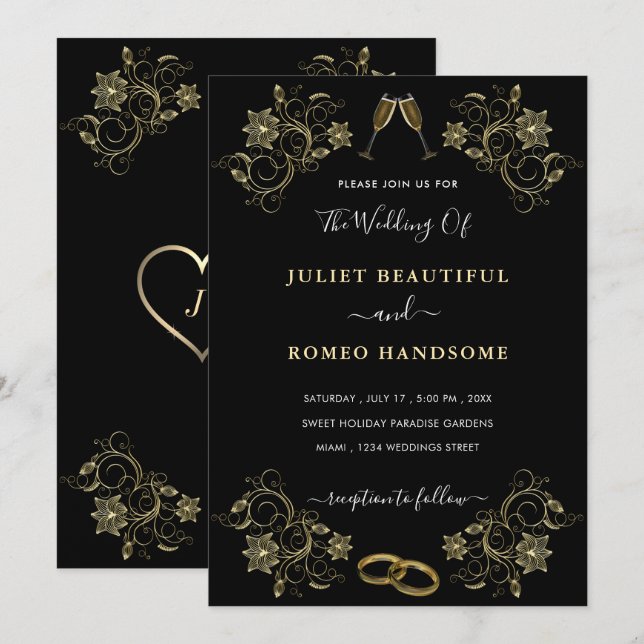 Convites de Casamento Floral Dourado em Preto Exem (Frente/Verso)