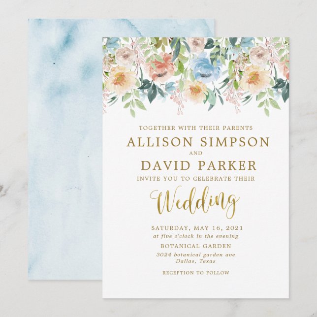 Convites De Casamento Floral Elegante Do Pastel Ga (Frente/Verso)