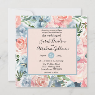 Convites de Casamento - Floral Eucalipto Azul Rosa