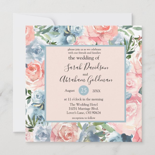 Convites de Casamento - Floral Eucalipto Azul Rosa (Frente)