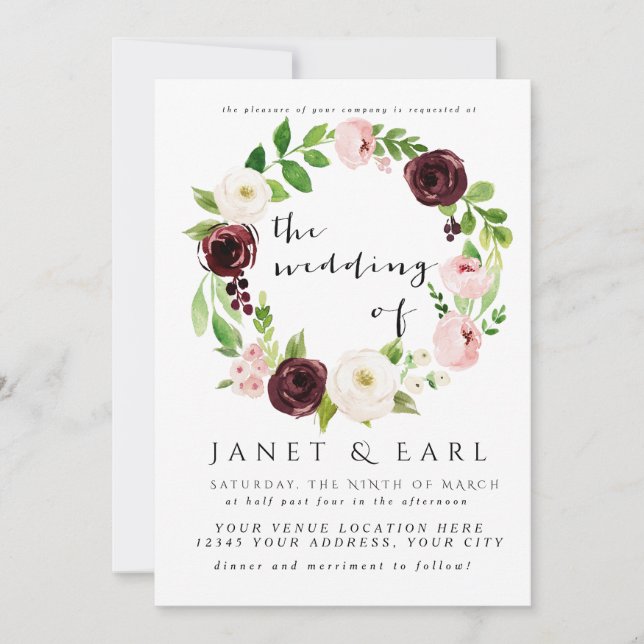 Convites De Casamento Floral Rosa Burgundy (Frente)