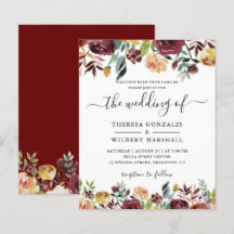 Convites de Casamento Floral Vermelho Borgonha Lar