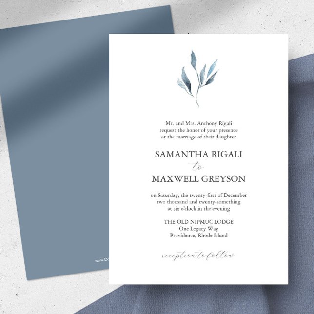 Convites de Casamento Formais com Botânica Azul De (Dusty blue wedding invitations feature unique botanical watercolor art by Victoria Grigaliunas)