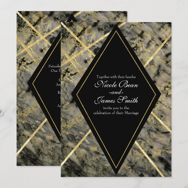 Convites de Casamento Glam Marmore Preto e Dourado (Frente/Verso)