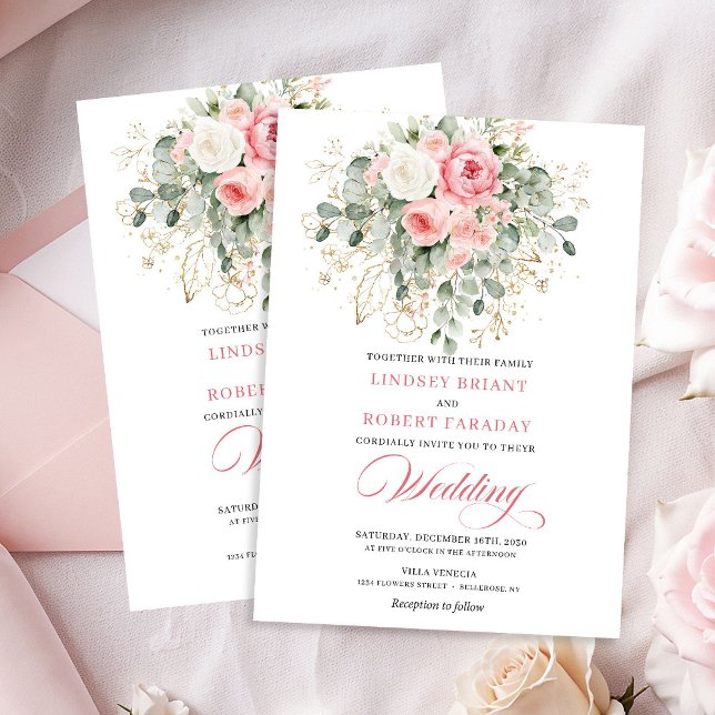 Convites de Casamento Glitter Dourado Peônia Blush (Stylish Blush Peony Gold Glitter Wedding Invites)