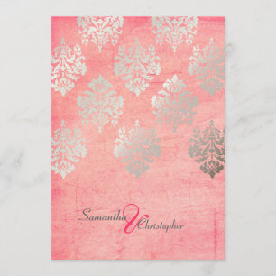 Convites de casamento Grunge Damask/rosa/faux prat