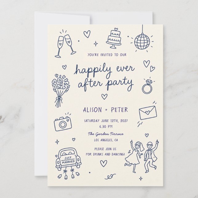 Convites de Casamento Ilustrados à Mão para Festa  (Frente)