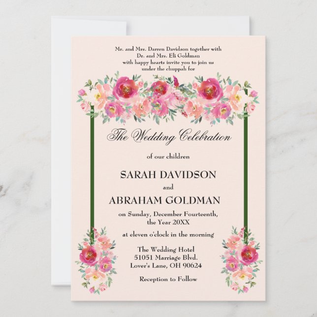 Convites de Casamento Judaico Tradicionais - Rosa  (Frente)