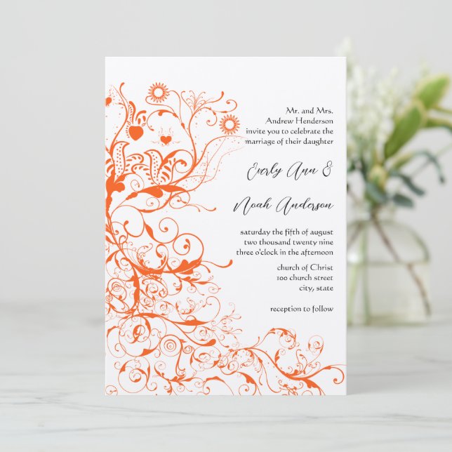 Convites de Casamento Laranja Coral Pássaros & Ond (Em pé/Frente)