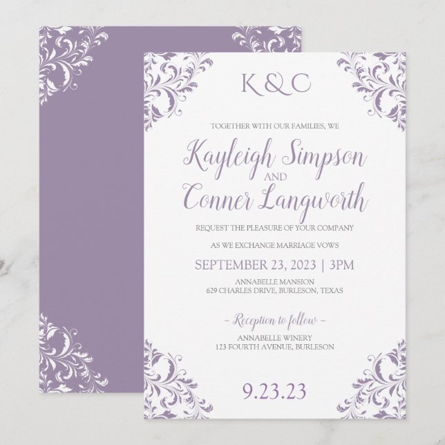 Convites de Casamento Lavanda Vintage Elegantes (Frente/Verso)