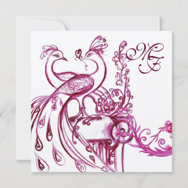 Convites de Casamento LOVE PEACOCKS MONOGRAM Rosa  (Frente)