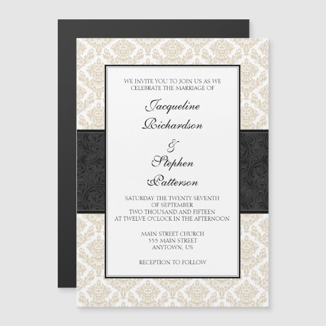 Convites de casamento Magnéticos Tan-Beige Black D (Frente/Verso)