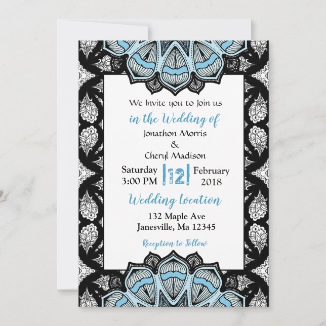 Convites de Casamento Mandala Azul, Preto e Branco (Frente)