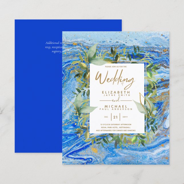 Convites de Casamento Marble Blue Gold Greenery EC (Frente/Verso)