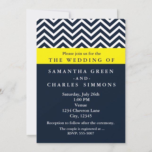 Convites de Casamento Modernos Chevron Azul e Amar (Frente)