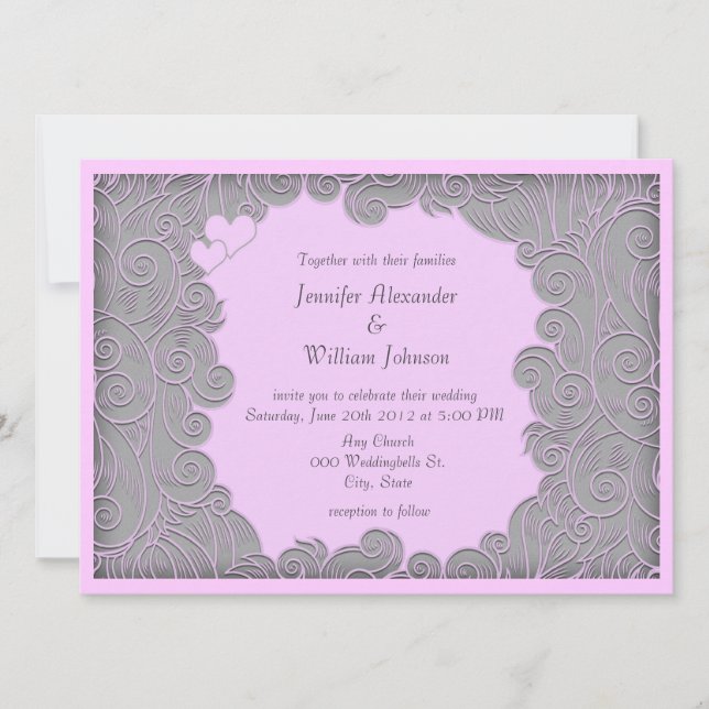 Convites de Casamento Modernos Cor-de-Rosa e Cinza (Frente)