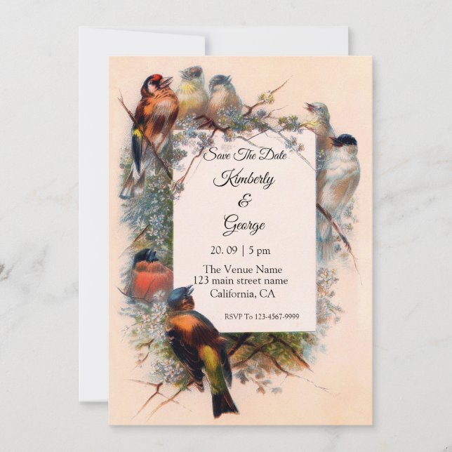 Convites de Casamento Moldura Pássaros Vintage (Frente)