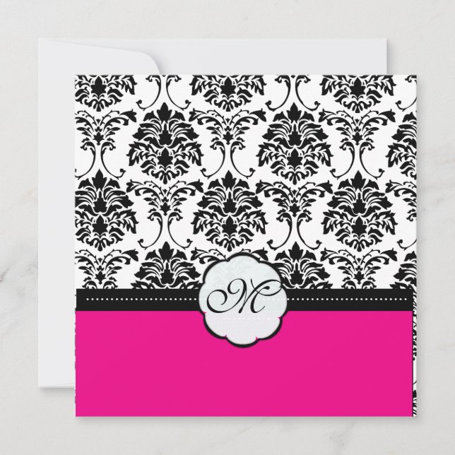 Convites de Casamento Monograma/Preto Damask/Rosa (Frente)