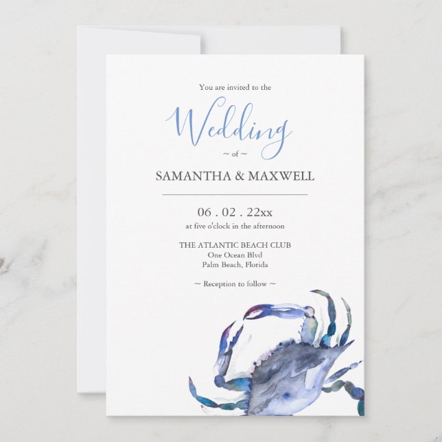 Convites de Casamento na Praia Aquarela Caranguejo (Frente)