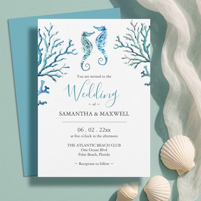 Convites de Casamento na Praia com Cavalos-Marinho (Beach wedding invitations unique watercolor seahorse art by Victoria Grigaliunas Do Tell A Belle)