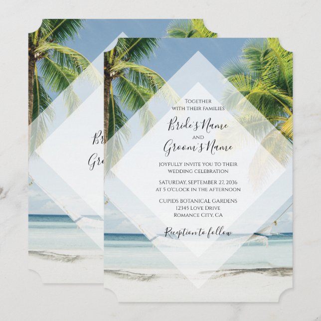 Convites de Casamento na Praia com Palmeiras Tropi (Frente/Verso)
