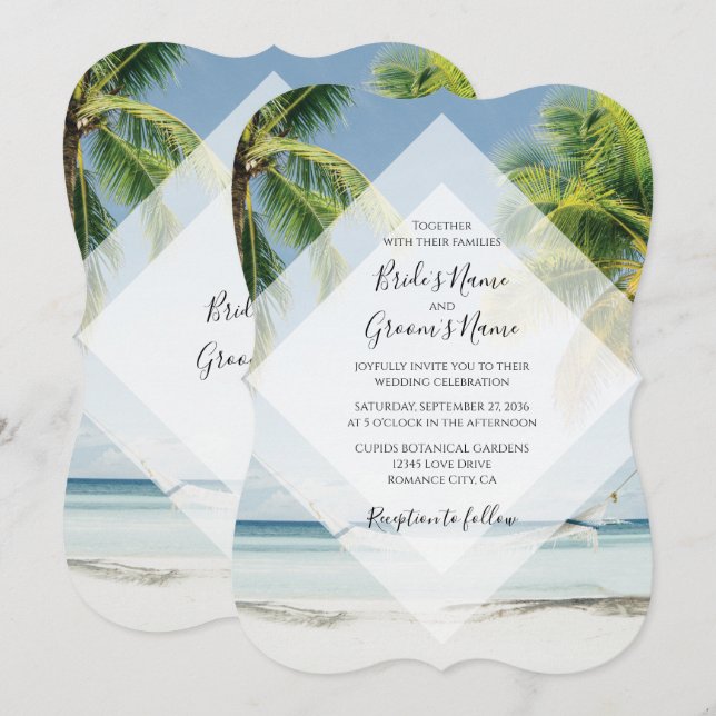 Convites de Casamento na Praia com Palmeiras Tropi (Frente/Verso)