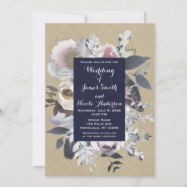Convites de Casamento Navy Kraft Glam Floral Rústi (Frente)