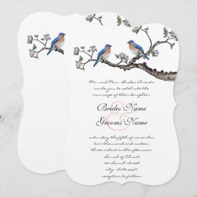 Convites de Casamento Pássaros Azuis Vintage (Frente/Verso)