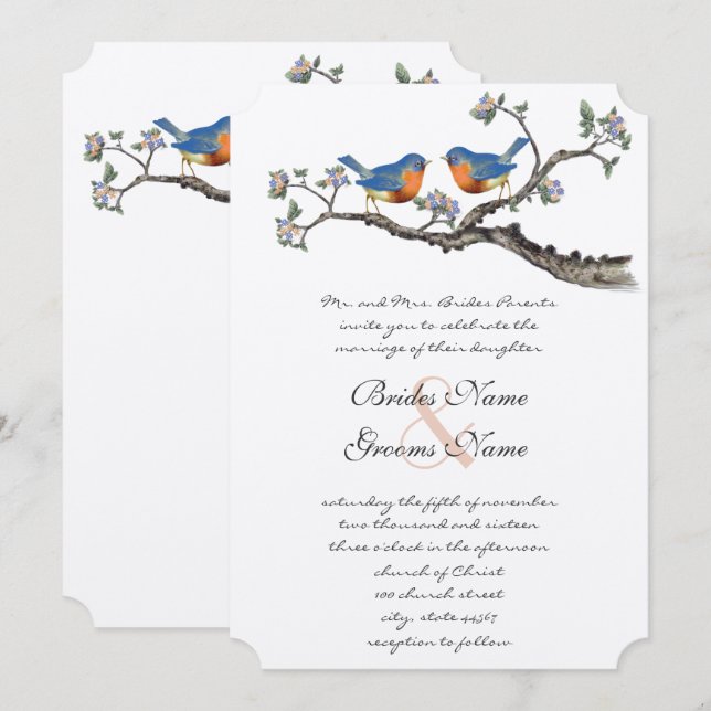 Convites de Casamento Pássaros Azuis Vintage Fofos (Frente/Verso)