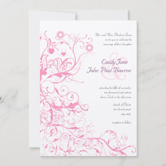 Convites de Casamento Pássaros Rosa & Espirais (Frente)
