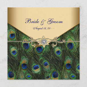 Convites de Casamento Pavão Dourado Elegantes