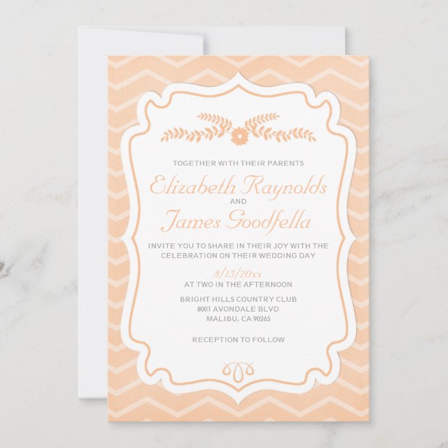 Convites De Casamento Peach Chevron Stripes (Frente)