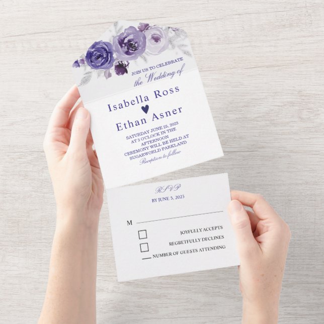 Convites de Casamento Prata e Roxo (Aba destacável)