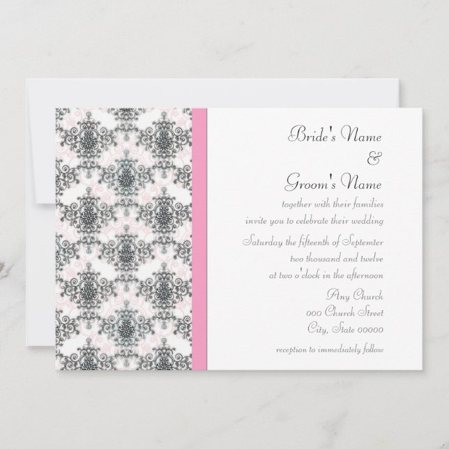 Convites de Casamento Preto Branco Rosa Damask (Frente)