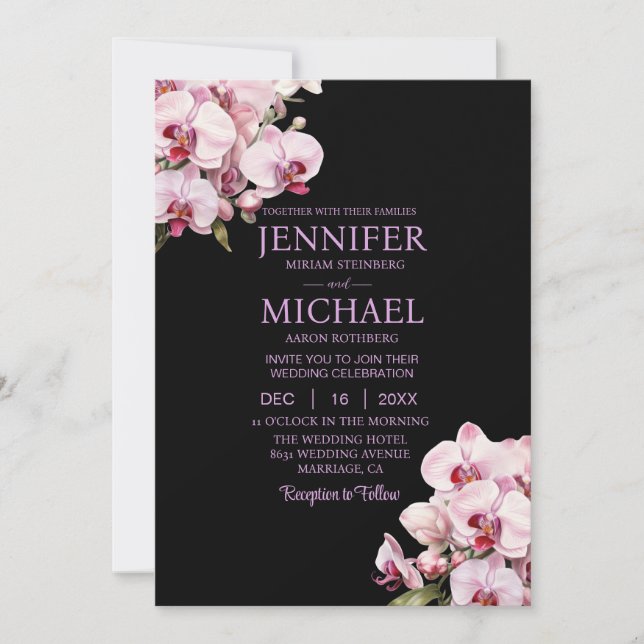 Convites de Casamento Preto com Orquídeas Rosa Tud (Frente)