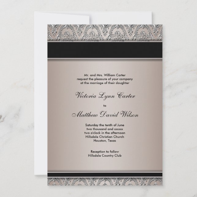 Convites de casamento preto damasco taupe (Frente)