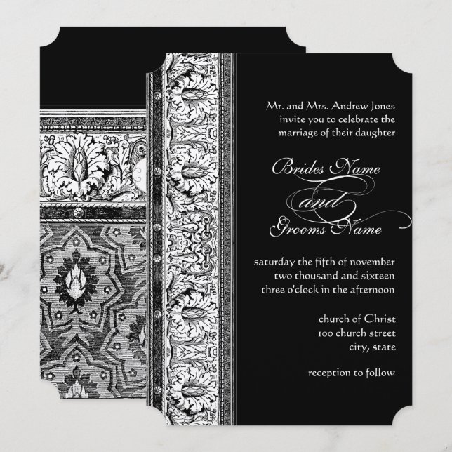Convites de Casamento Preto Damask Deco (Frente/Verso)