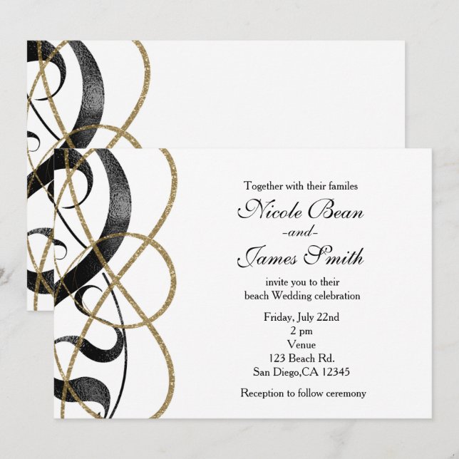 Convites de Casamento Preto & Dourado Arte Chic El (Frente/Verso)