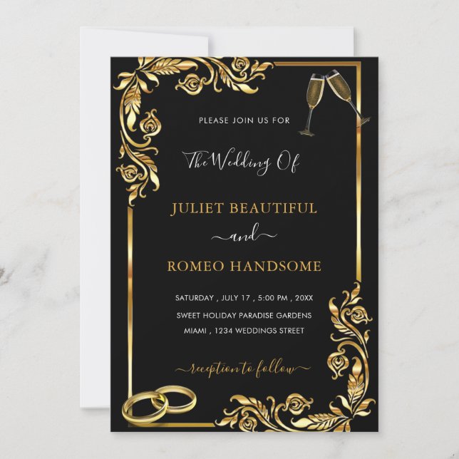 Convites de Casamento Preto Dourado Quadro Floral  (Frente)