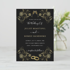 Convites de Casamento Preto Dourado Quadro Floral 