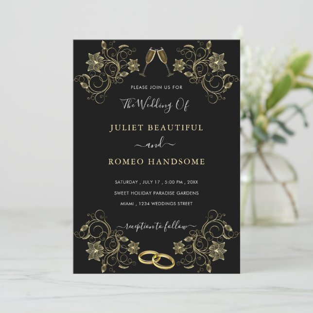Convites de Casamento Preto Dourado Quadro Floral  (Em pé/Frente)