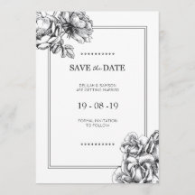 Convites de casamento preto e branco com flores gr