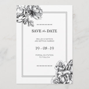 Convites de casamento preto e branco com flores gr