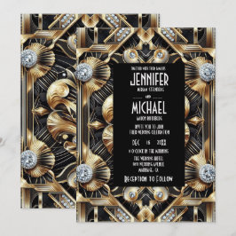 Convites de Casamento Preto e Dourado Art Deco com