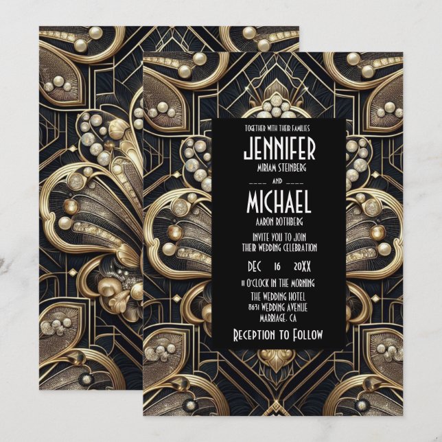 Convites de Casamento Preto e Dourado Art Deco com (Frente/Verso)
