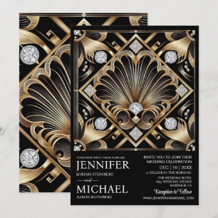 Convites de Casamento Preto e Dourado Art Deco com