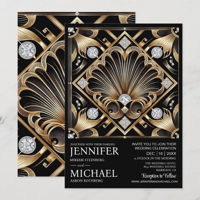 Convites de Casamento Preto e Dourado Art Deco com (Frente/Verso)