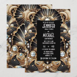 Convites de Casamento Preto e Dourado Art Deco com