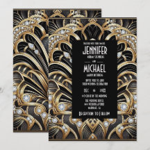 Convites de Casamento Preto e Dourado Art Deco com