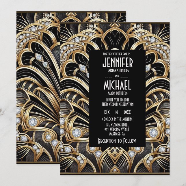 Convites de Casamento Preto e Dourado Art Deco com (Frente/Verso)